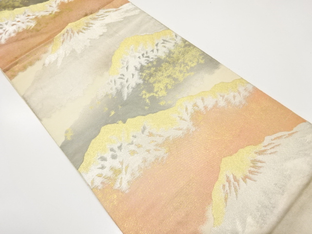 JAPANESE KIMONO / ANTIQUE FUKURO OBI / SILK / WOVEN DISTANT MOUNTAIN